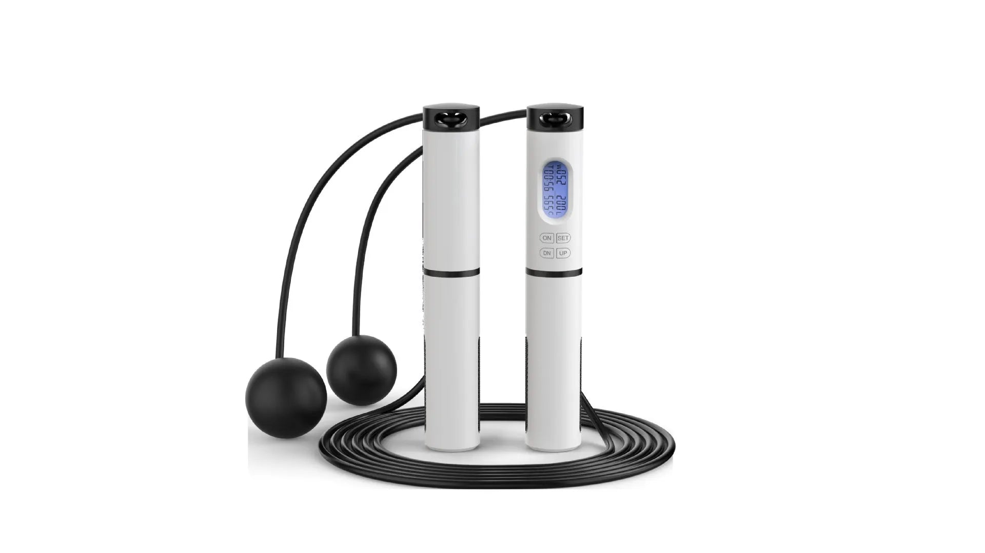 Cordless smart rope skipping rope with digital counter in blue and black plastic