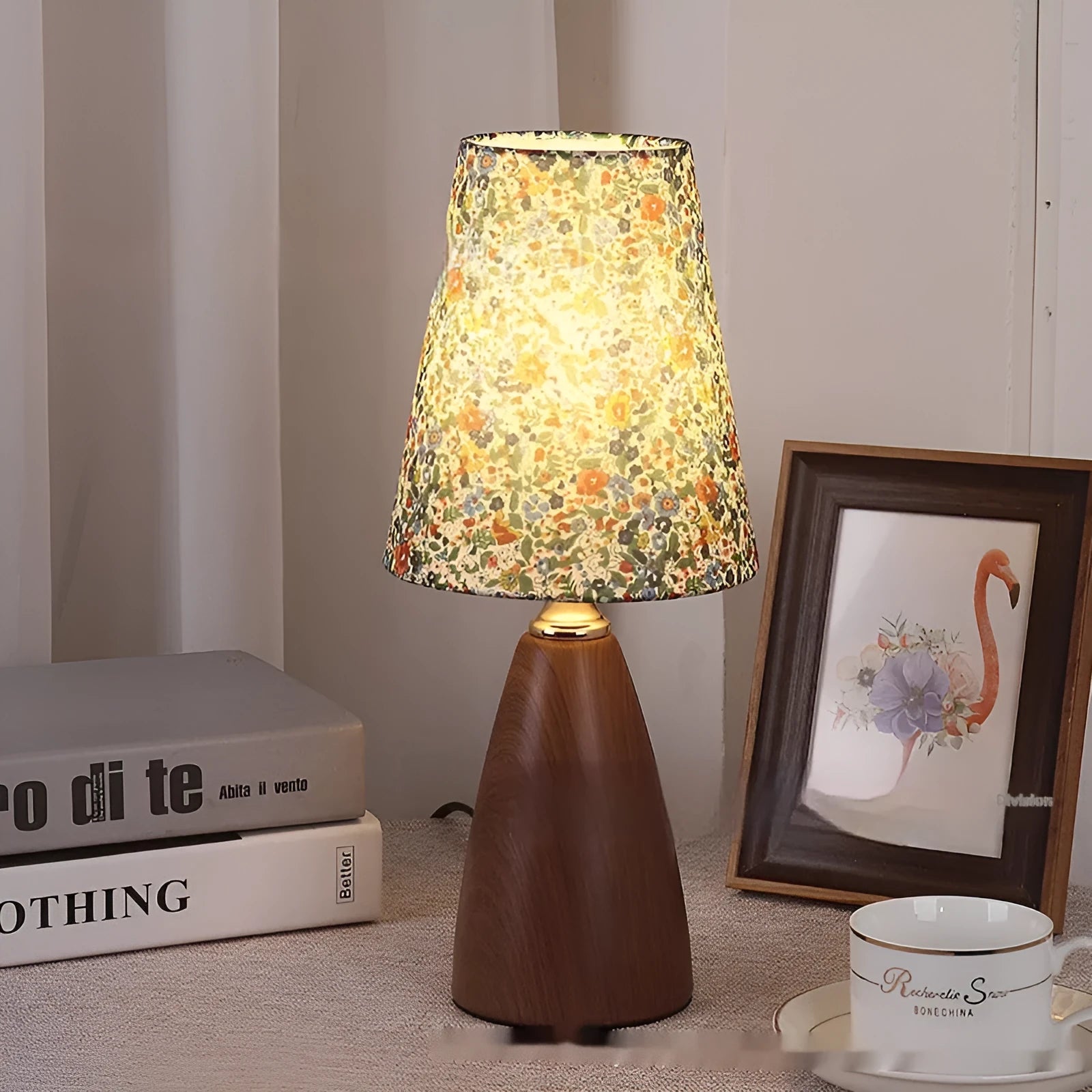 Nordic style ceramic table lamp with a pleated fabric shade on a bedside table