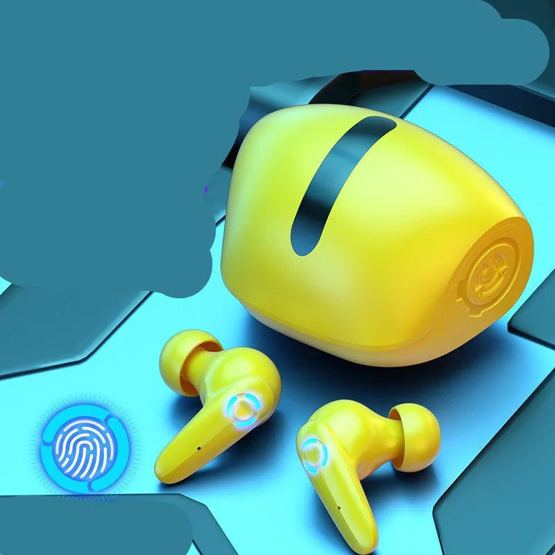 TWS gaming Bluetooth wireless headset in black, white, or yellow colours with earplugs and USB cable