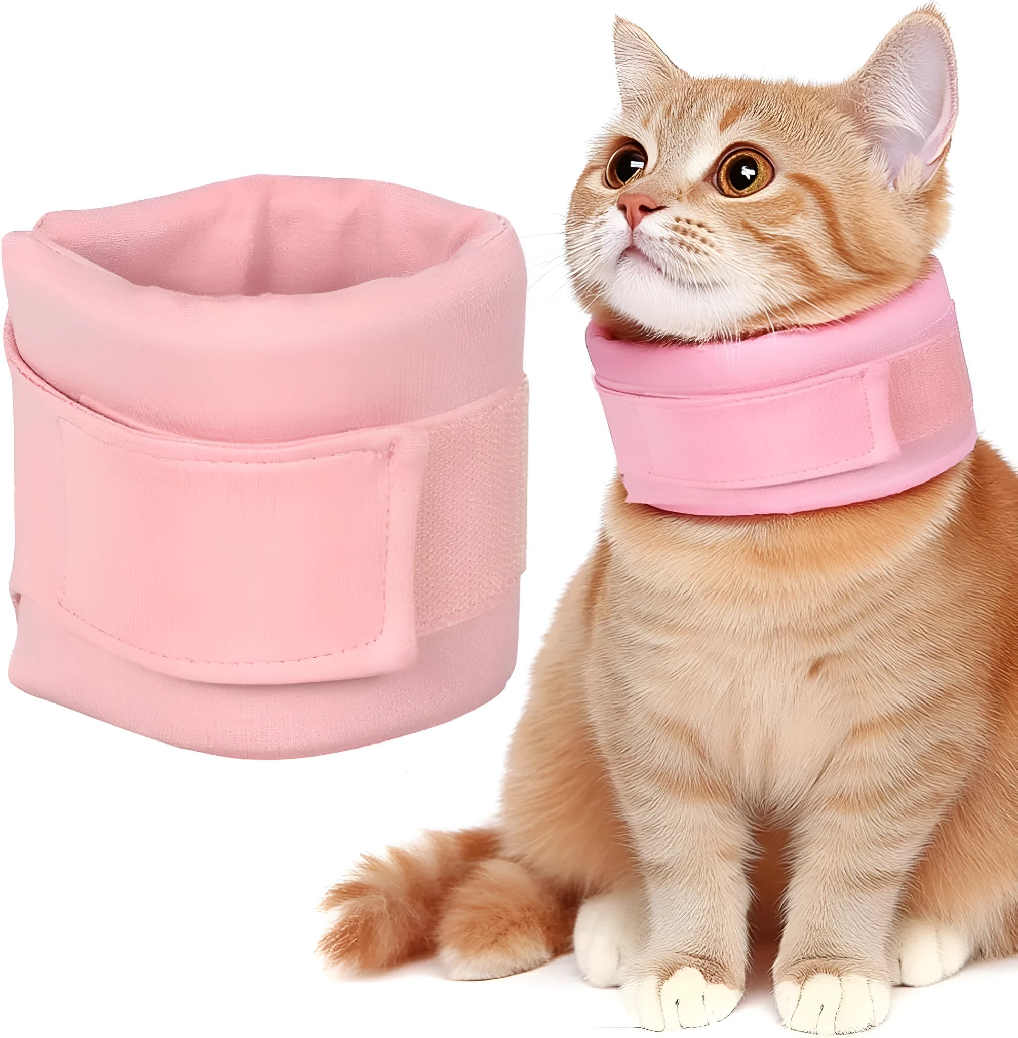 Soft cat cone recovery collar in grey and pink colours showing four size options