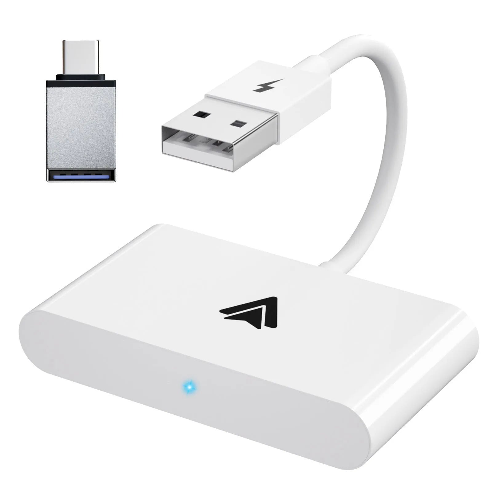 Car wireless Android adaptor for CarPlay systems in black and white colour options.