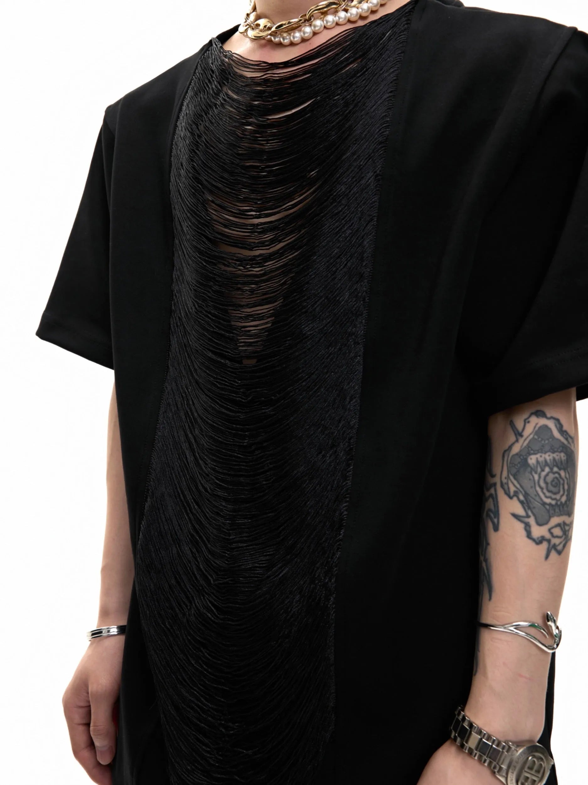 Men's black loose fit polyester t-shirt with V-neck and tassel details
