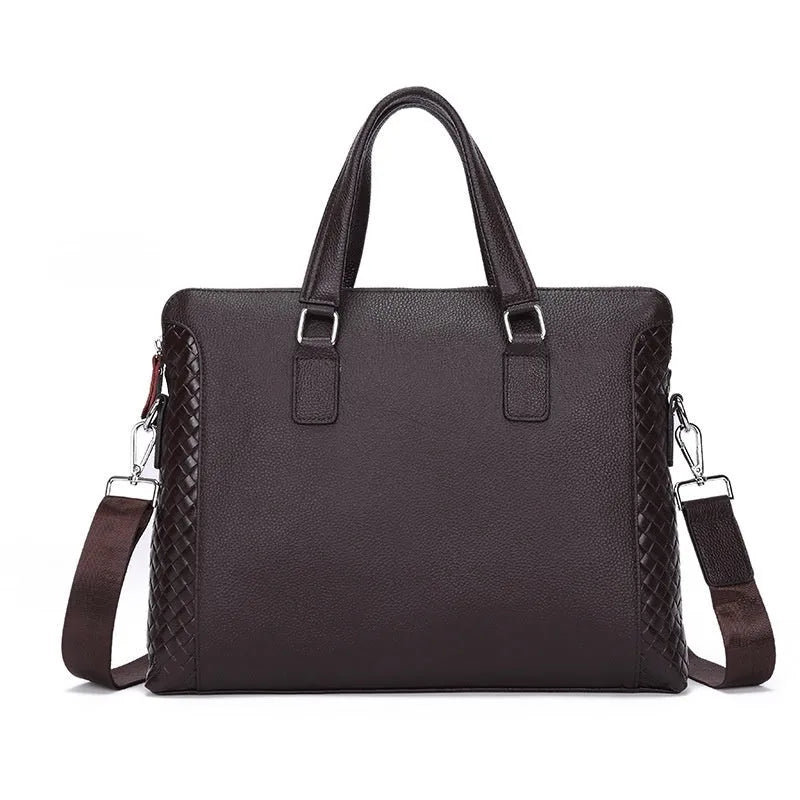Men's genuine black leather horizontal briefcase with embossed geometric pattern, soft handle, and slit pocket for 14-inch laptop
