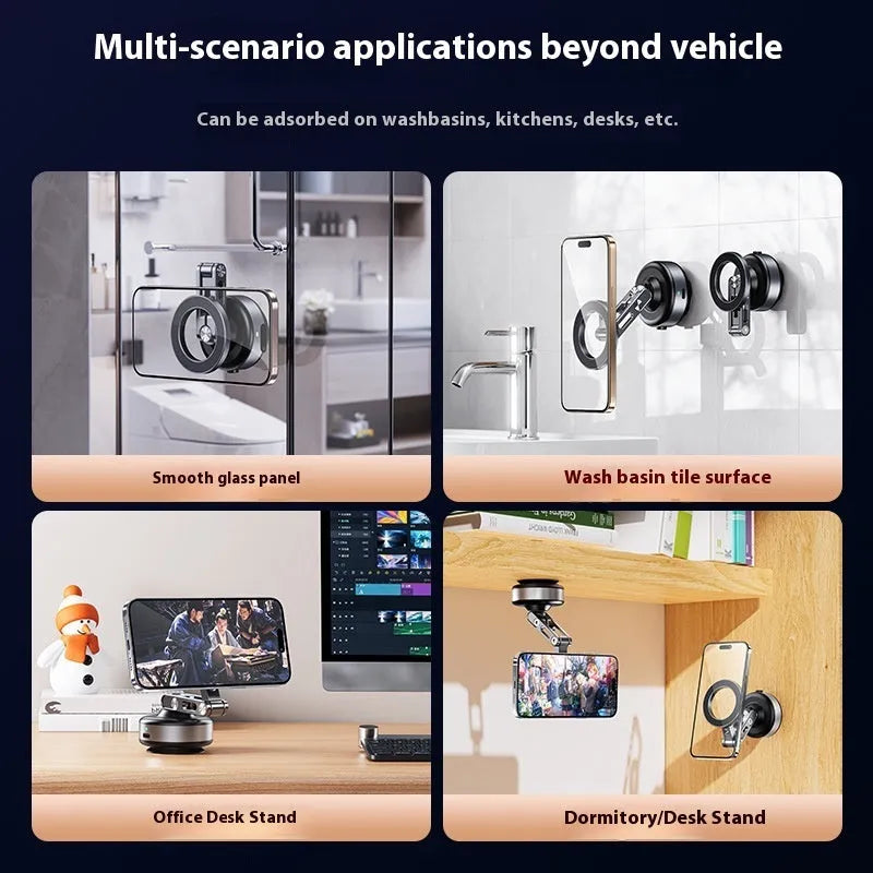 Car magnetic vacuum phone holder with 360° adjustable arm on dashboard, X93 dark gray