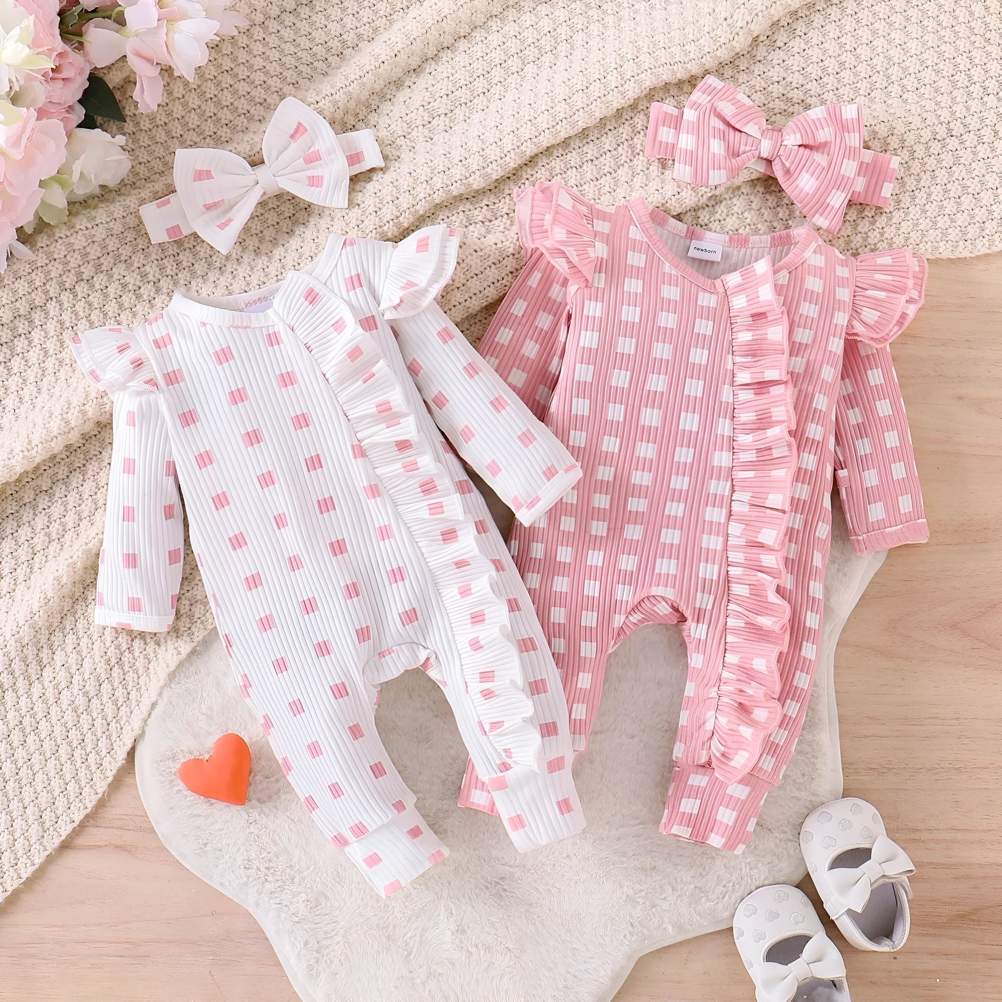 Cotton baby girl romper long-sleeved plaid jumpsuit in pink for spring autumn