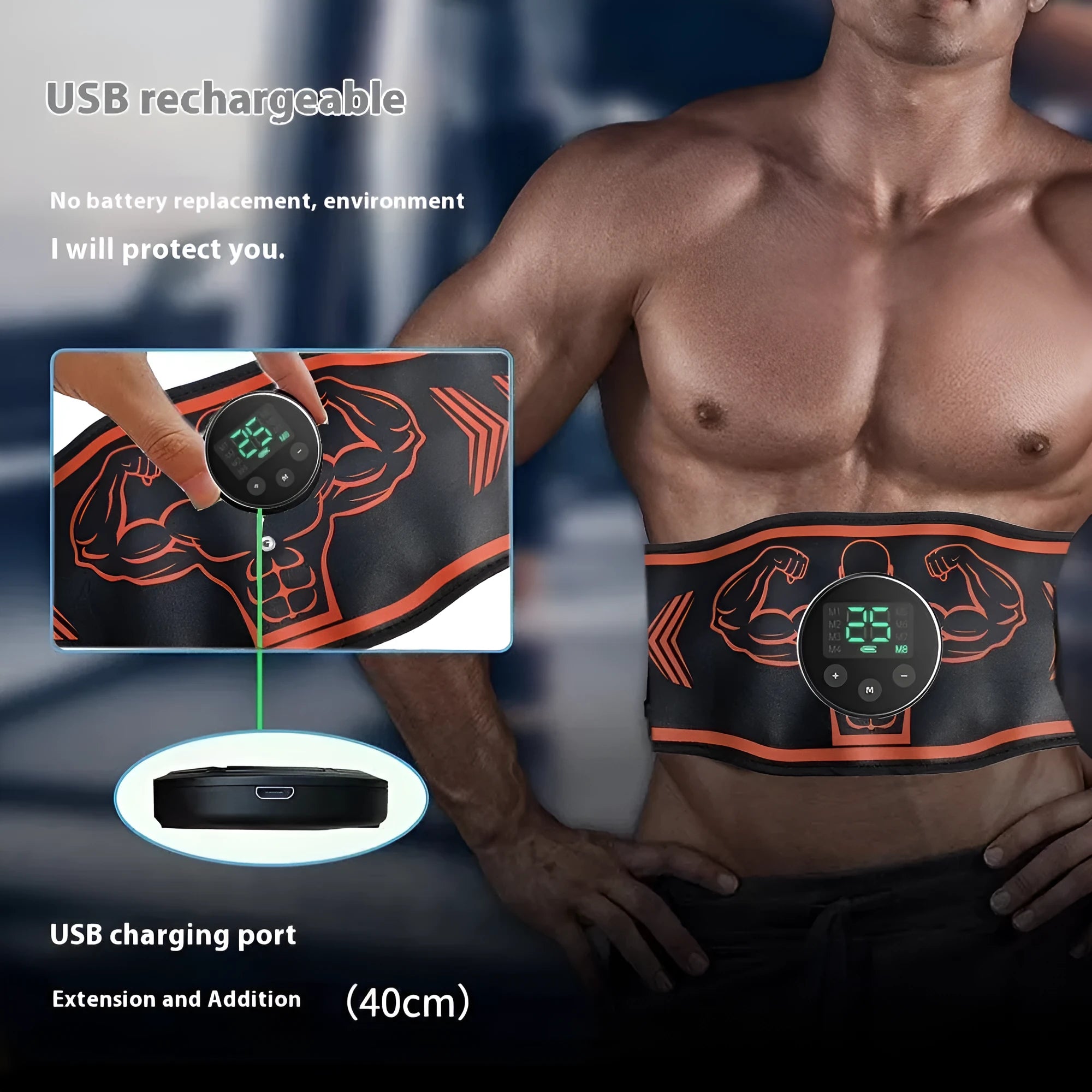 Orange and blue rechargeable EMS smart massage belt with arm and leg pads