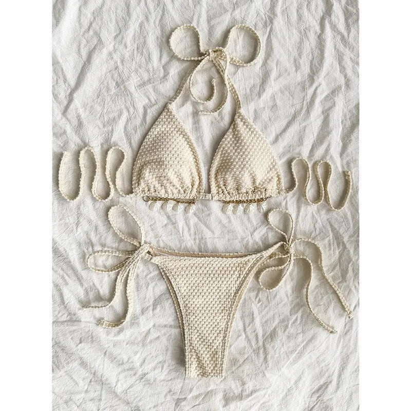 Women's halter bikini with front lace-up design in polyester fabric for swimming