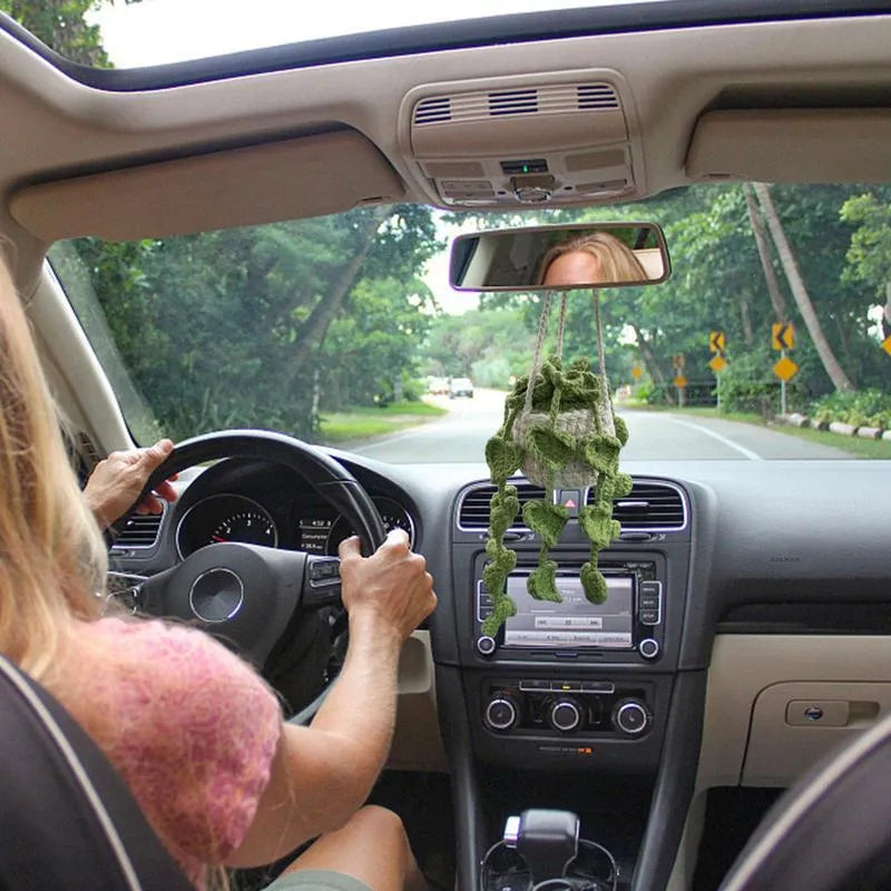 Green and white knitted wool plant ornament for car dashboard with hanging cord