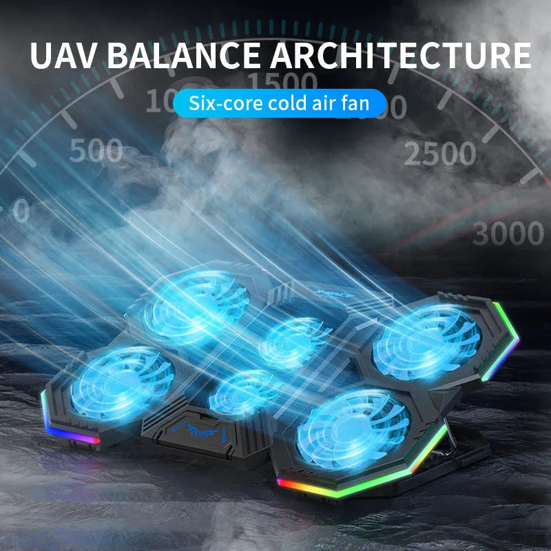 Laptop cooling pad with six large fans, RGB lighting, and ergonomic adjustable stand for 12-21 inch notebook computers