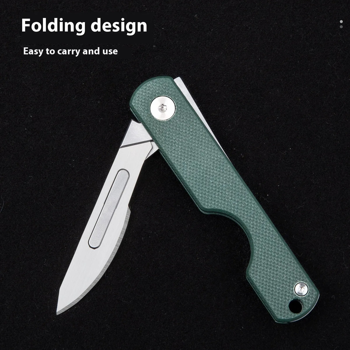Mini express folding knife keychain with G10 handle, shown in black or green, compact outdoor EDC tool