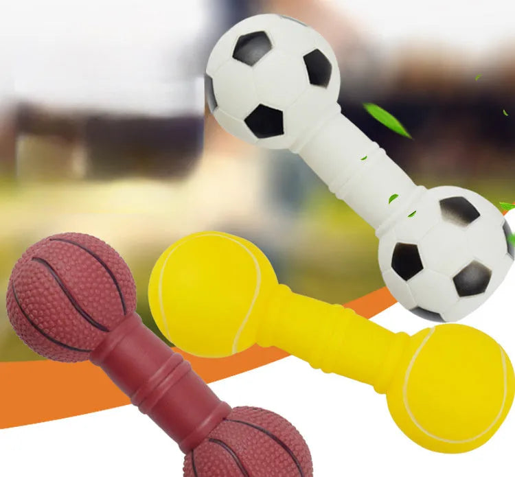 PVC football dumbbell shaped dog chew toy in yellow with squeaker