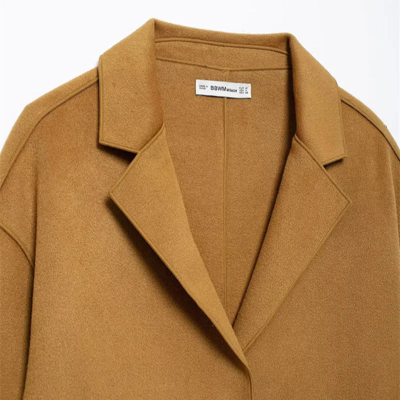 Women's orange double-sided woolen coat, 100cm long, regular fit, long sleeves and pockets, sizes S-M