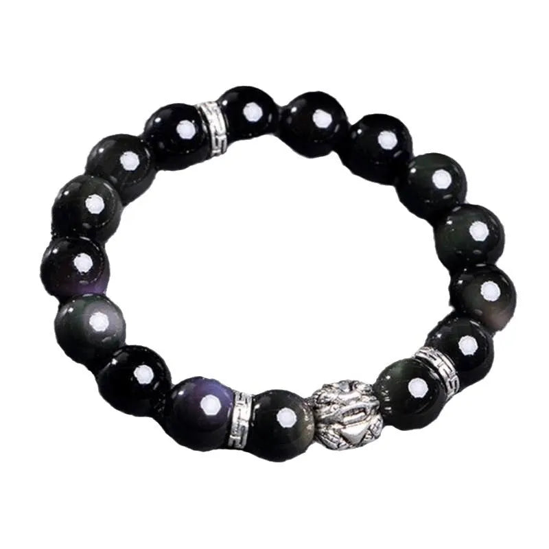 Natural obsidian bracelet with silver 999 clasp, showing cloud year pattern and lucky colour eye beads.