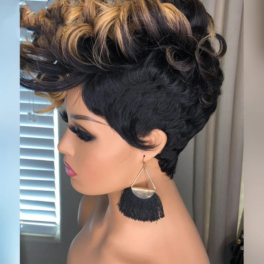 Short curly wig with small curls and Qi bangs, 15cm length, adjustable 52-56cm head circumference, button net cover