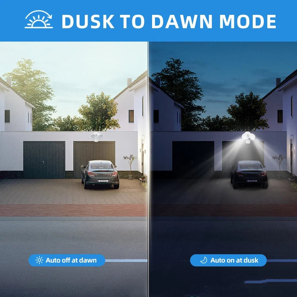 White outdoor LED security flood light with motion sensor mounted on a wall.
