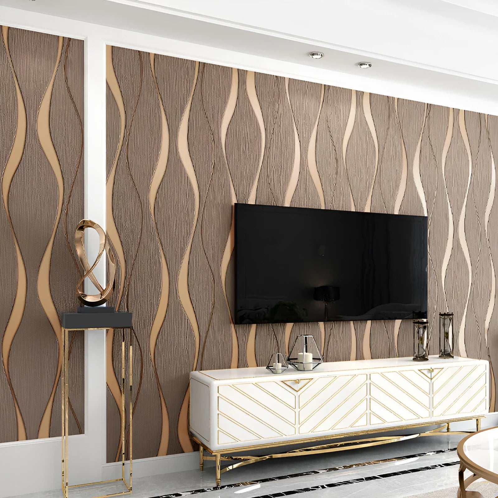 Close-up of light grey 3D curved stripe wallpaper with textured velvet finish.