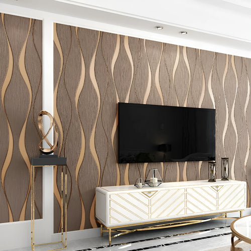 Close-up of light grey 3D curved stripe wallpaper with textured velvet finish.