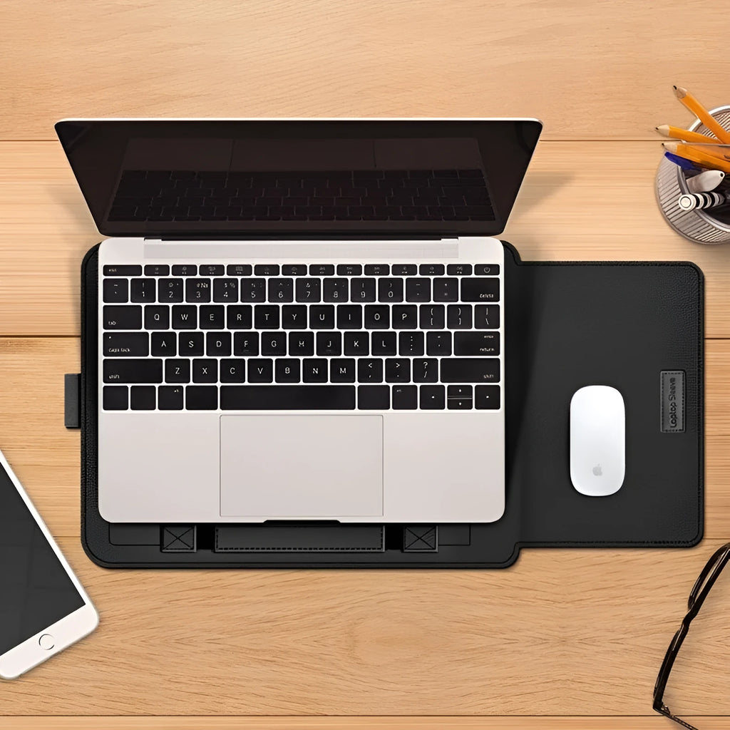 Imitation leather laptop protective sleeve with plush lining, shown in a colour option for 11 to 17 inch laptops