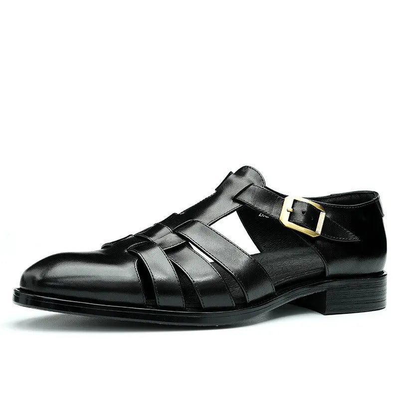 Men's black leather sandals with cowhide upper and rubber sole.