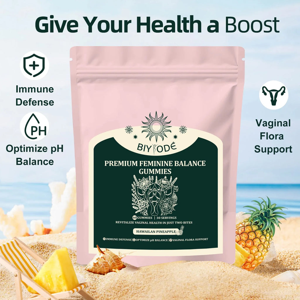 Feminine balance gummies with pineapple fruit powder and vitamin C, 60 gummies per bag, biyode brand