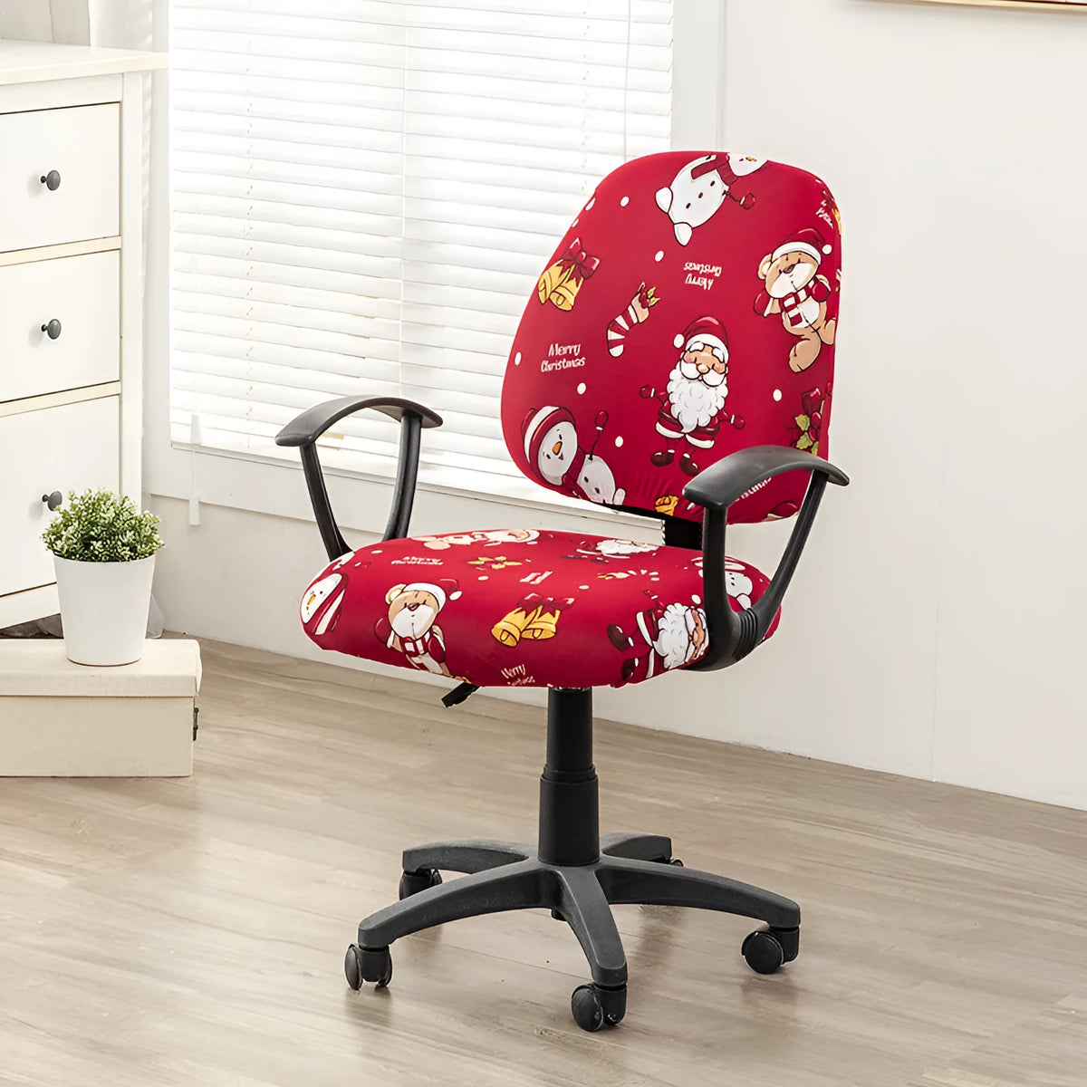 Printed stretch polyester split office chair cover with abstract floral pattern on standard chair