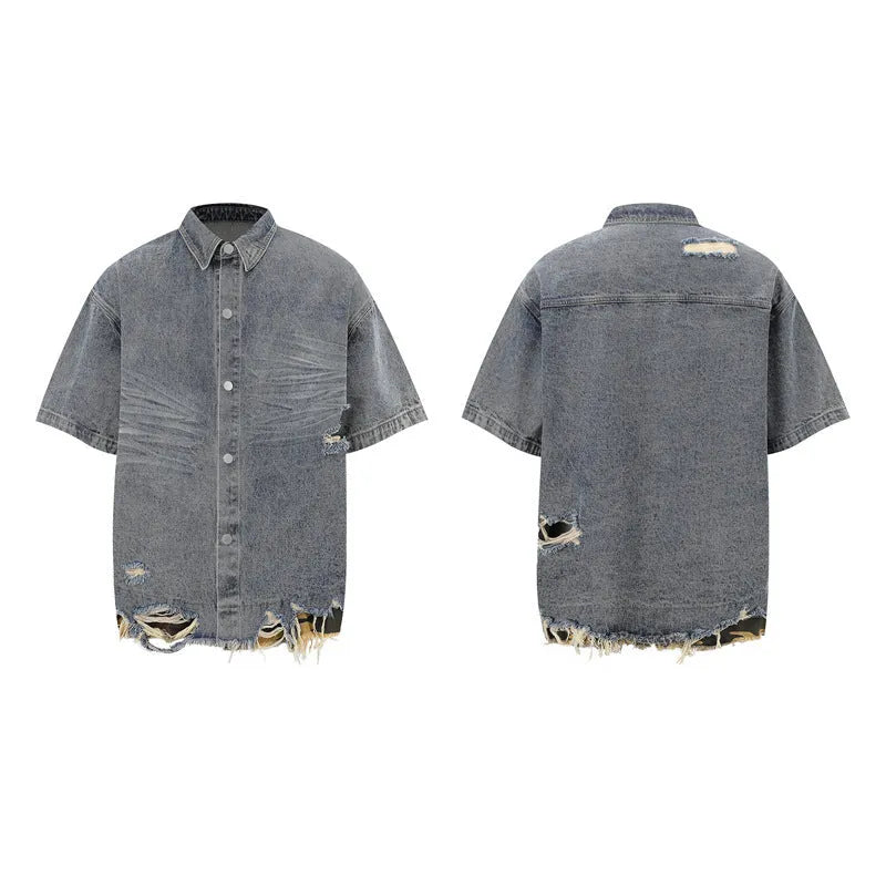 Leopard print denim short sleeve shirt and shorts set with cut edge stitching detail in black colour option