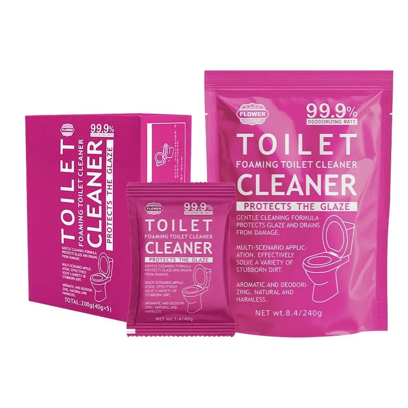 Toilet bubble effervescent cleaning powder in blue or pink fragrance, showing 240g bag and box of 40g sachets.