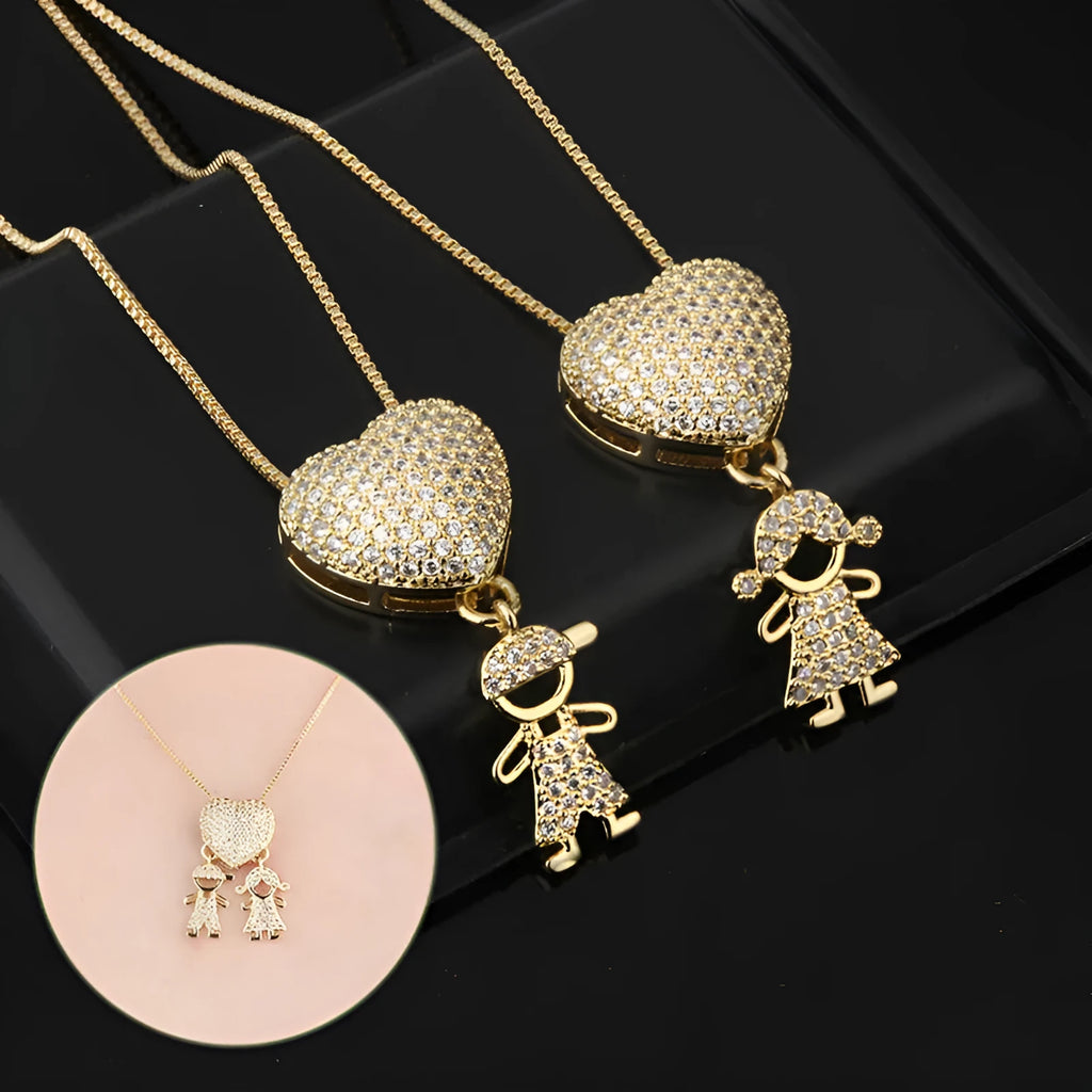Gold colour copper heart pendant necklace with zircon inlays on white background