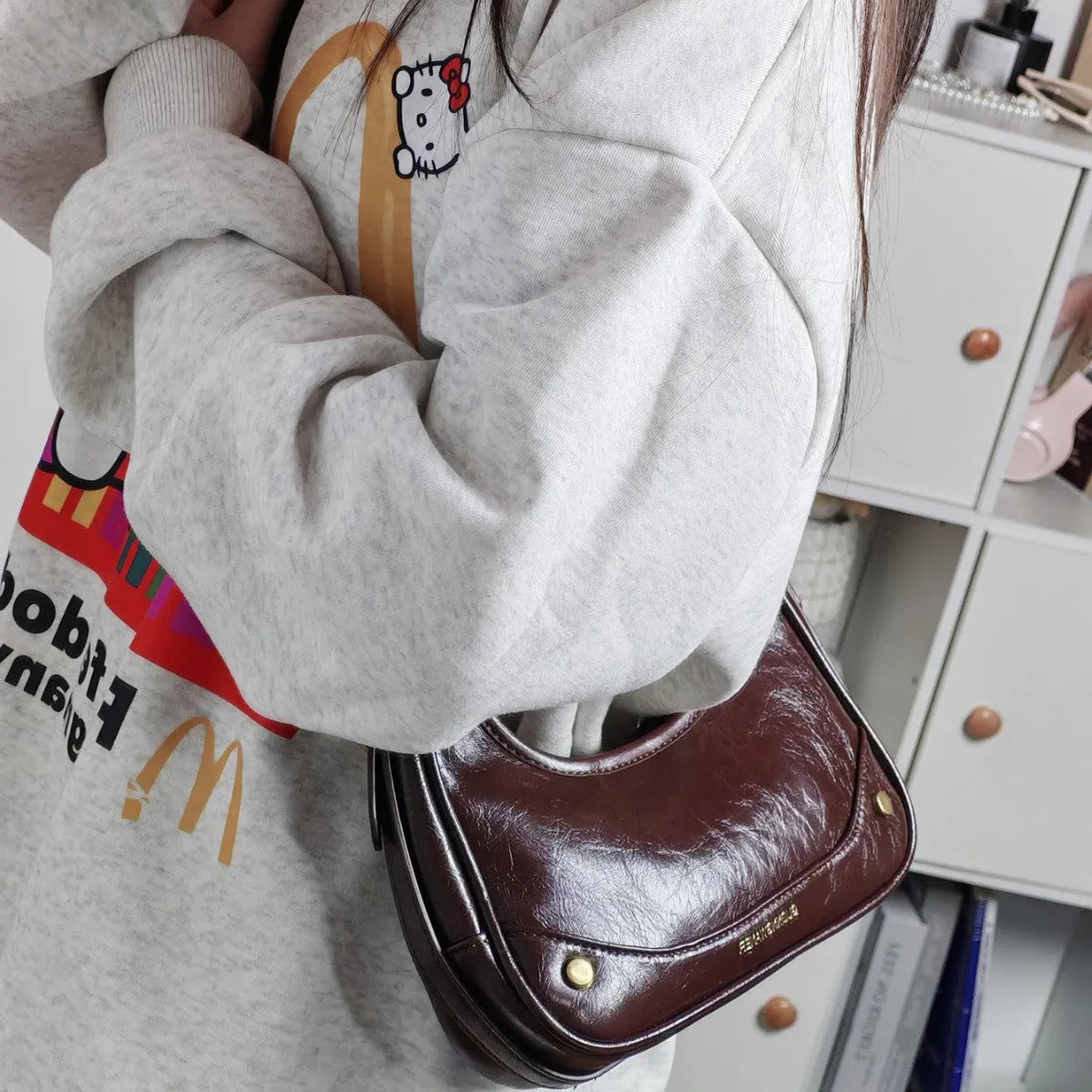 Wine red PU crescent underarm bag with chain detail, horizontal square shape, women's one-shoulder bag