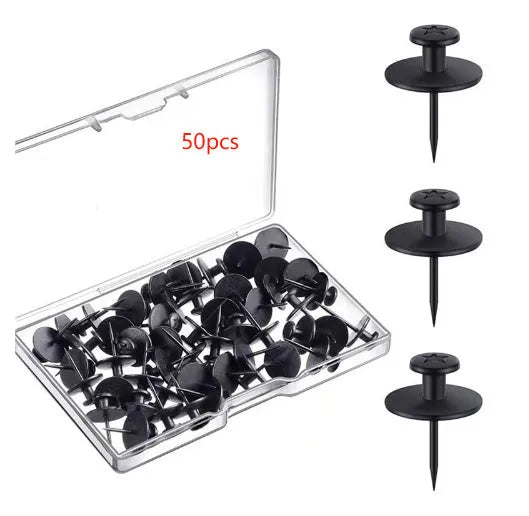 Black plastic I-shaped thumbtacks in PP box for corkboard use