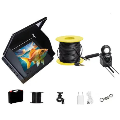Portable fish finder underwater camera with a 4.3-inch screen, showing the camera unit with night vision LEDs.