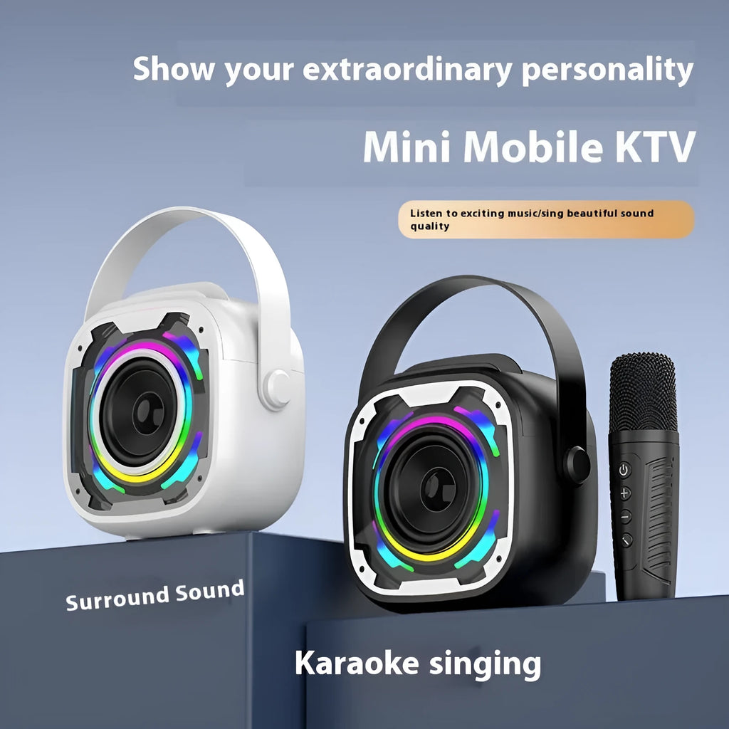 Portable wireless Bluetooth karaoke speaker in black, white, pink, or yellow colour