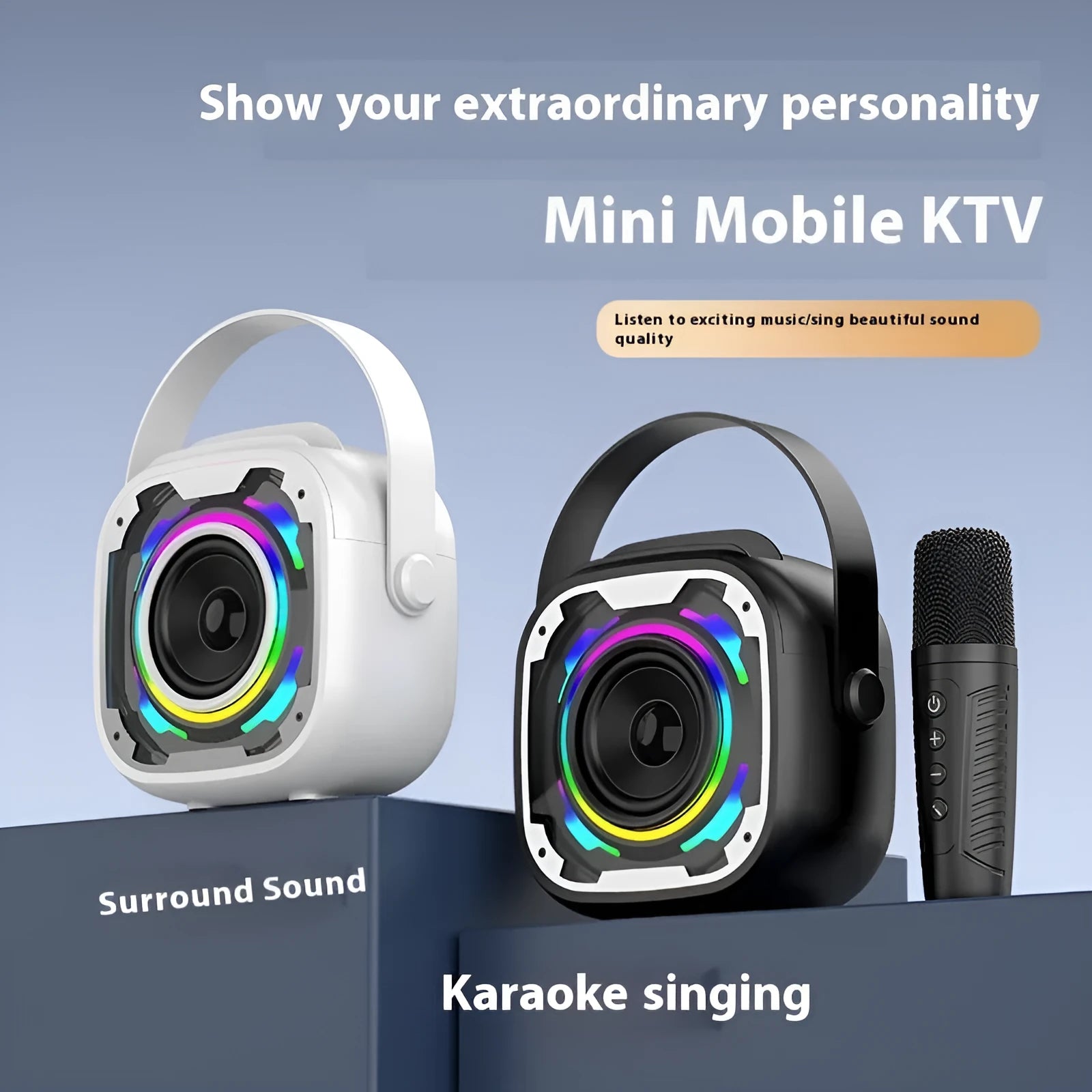 Portable wireless Bluetooth karaoke speaker in black, white, pink, or yellow colour