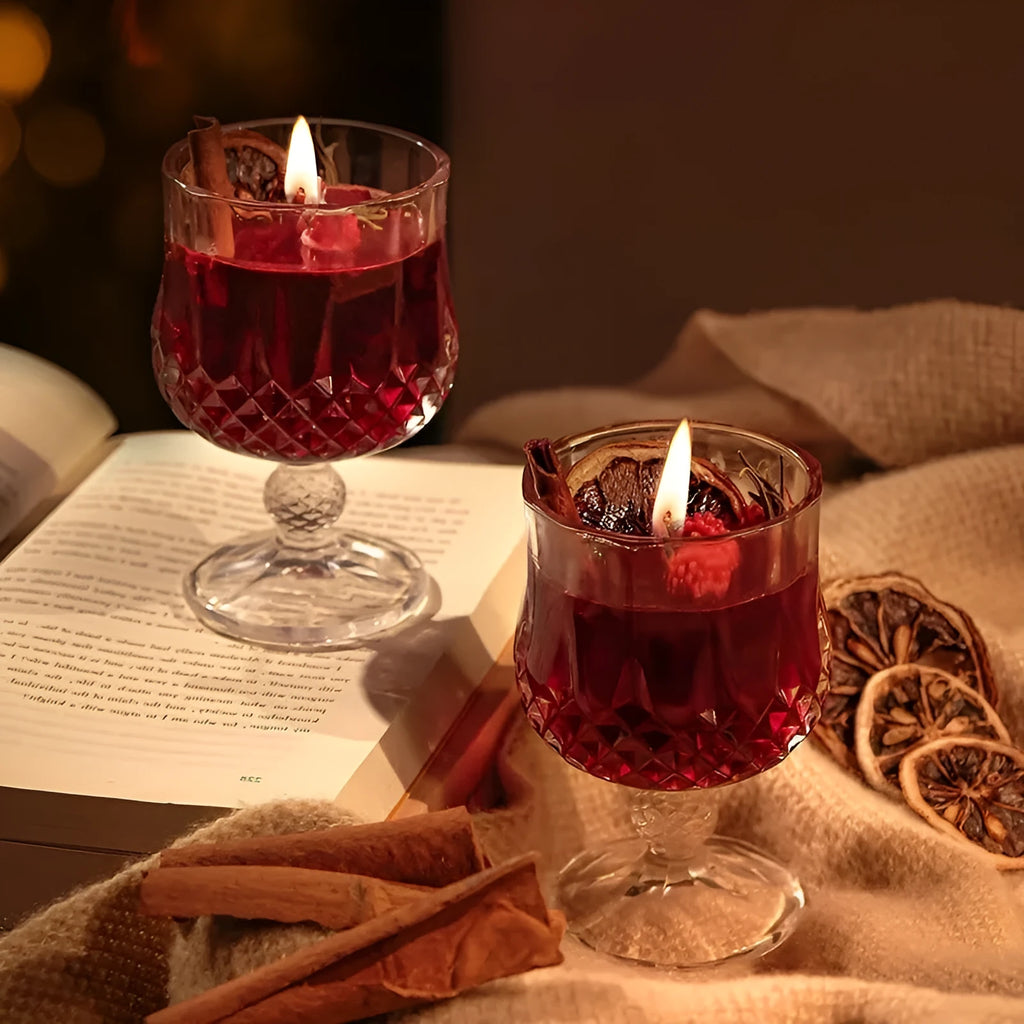 Glass goblet aromatherapy candle with French mulled wine style and jelly crystal design