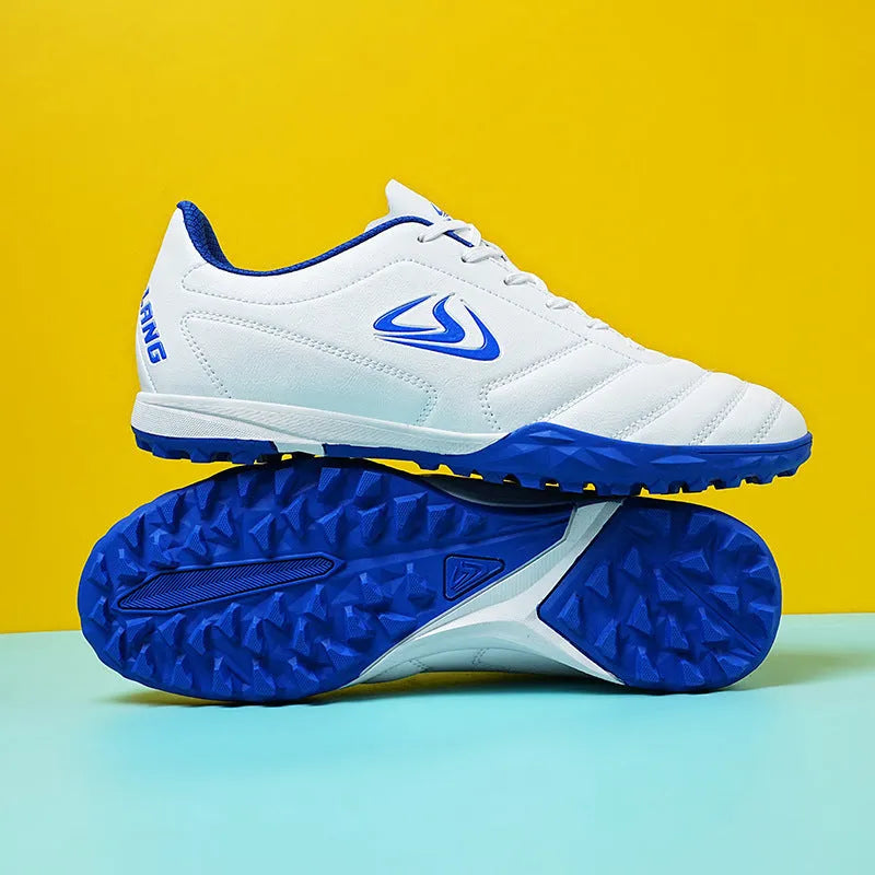 Low-top outdoor soccer football boots in a broken nail colour design with a synthetic leather upper and rubber sole.