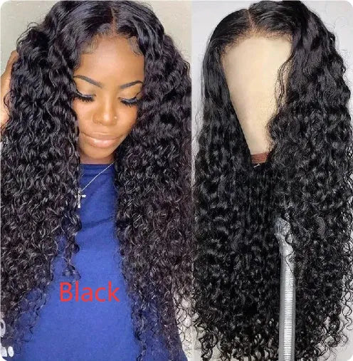 Black front lace synthetic wig with long curly hair and side bangs on display