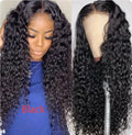 Black front lace synthetic wig with long curly hair and side bangs on display