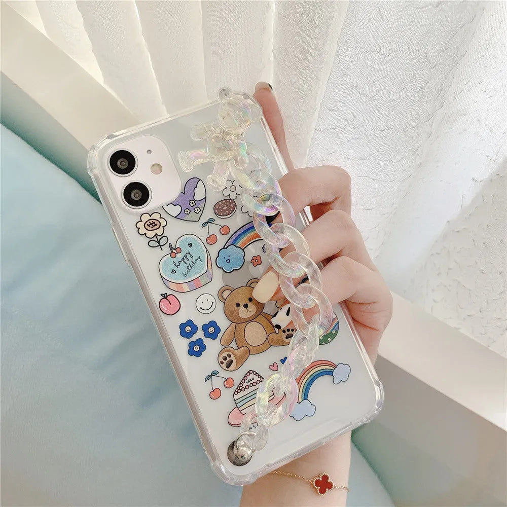 Bear chain and pendant attached to a Japanese Korean cartoon style protective case for an iPhone.