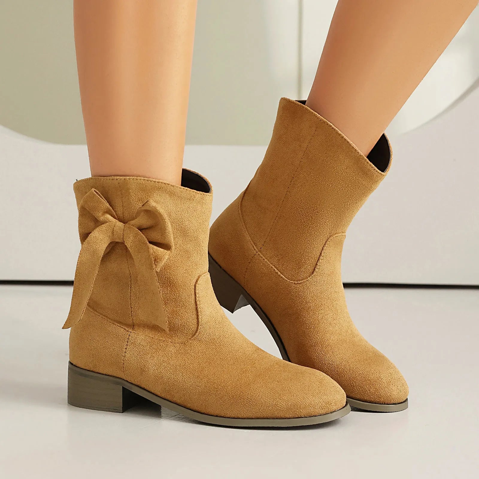 Low heel suede sweet bow casual boots for women, square heel, round toe, available in multiple colours