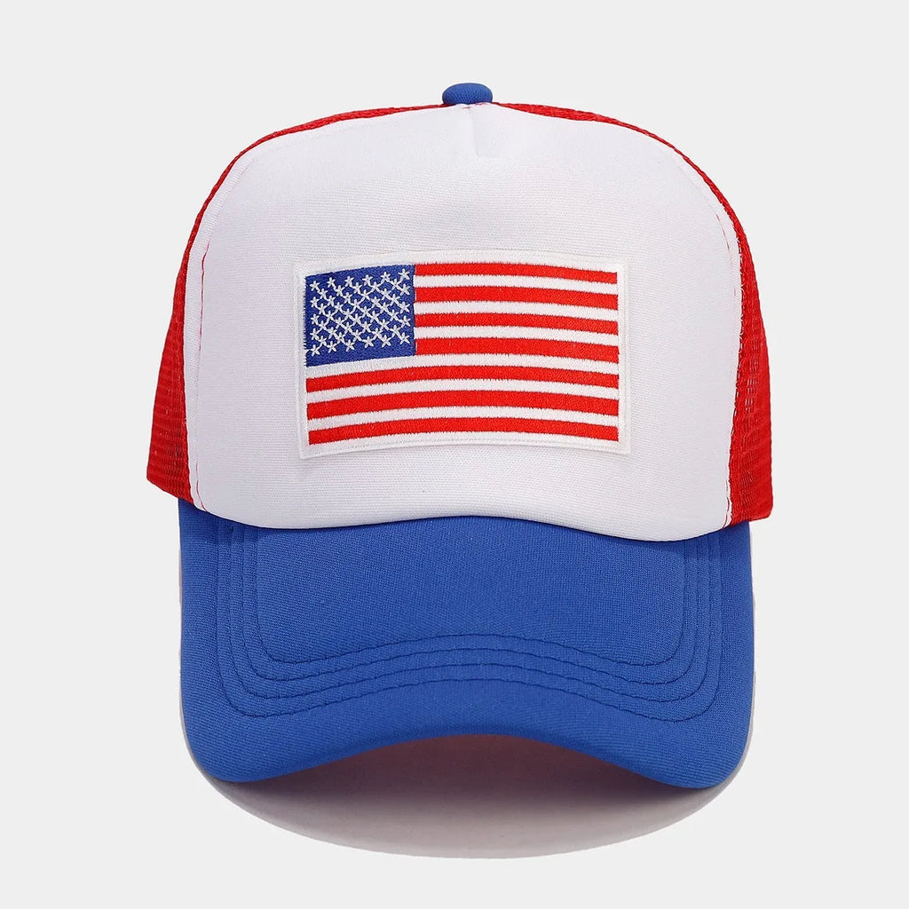 Red and blue contrasting breathable mesh baseball cap with adjustable strap on a dome crown.