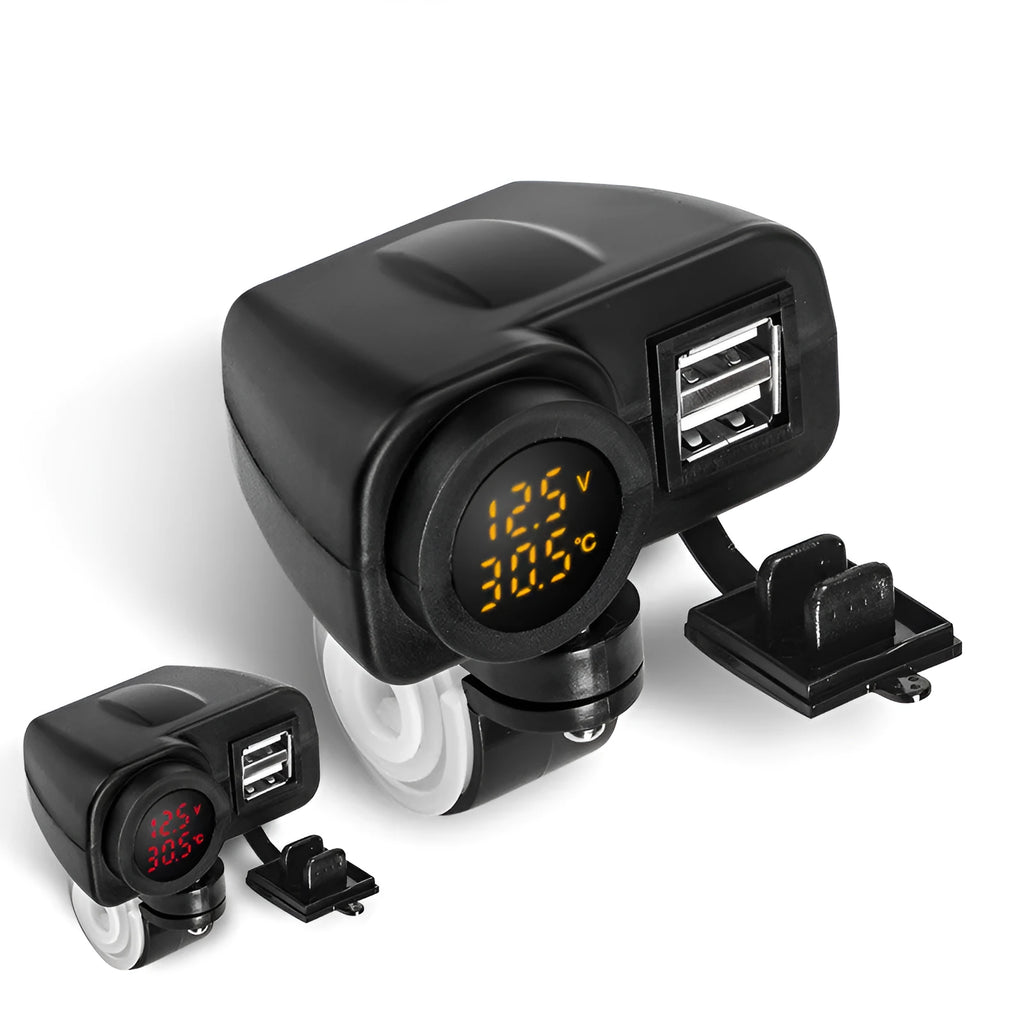 Waterproof motorcycle phone charger with QC3.0 fast charge, USB output, on/off switch, snap-in mount
