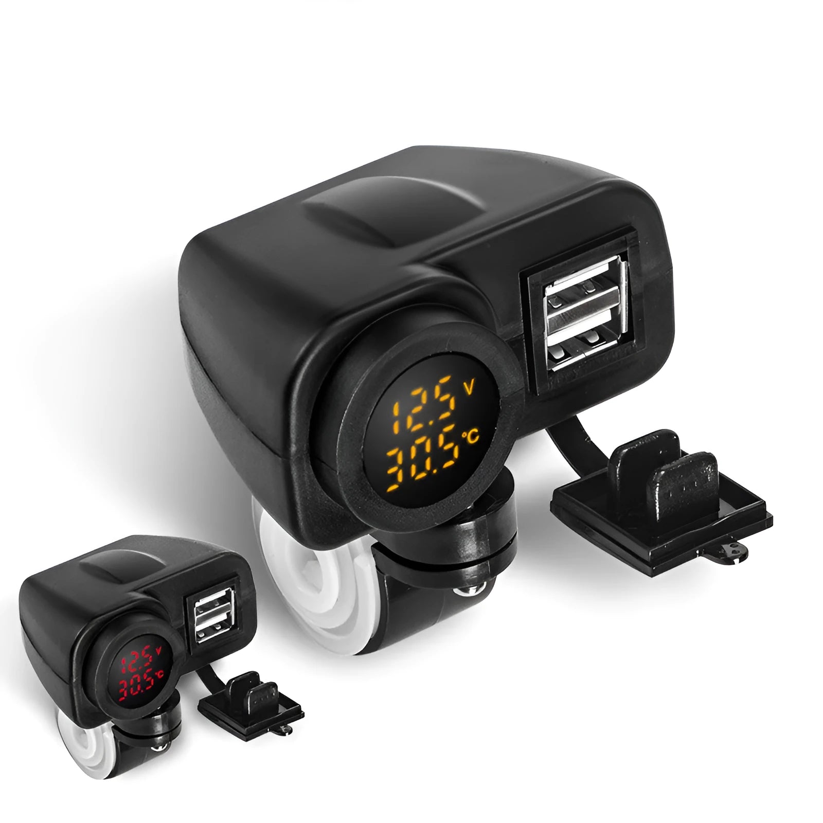 Waterproof motorcycle phone charger with QC3.0 fast charge, USB output, on/off switch, snap-in mount