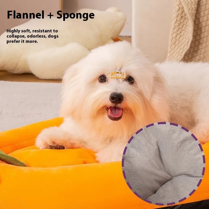 Removable washable dog bed mat in cloth fabric, shown in purple colour on a wooden floor.