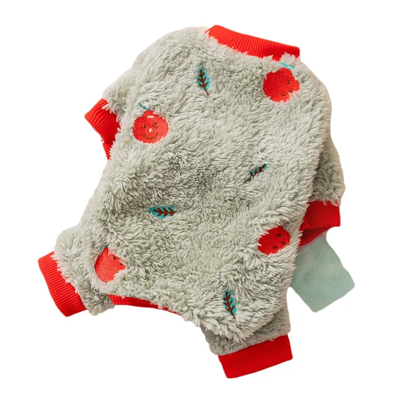 Brown fleece dog onesie with orange fruit embroidery on the back, four-legged design for small medium pets
