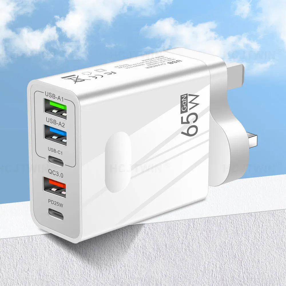 Fast charging Type-C PD three USB multi-port travel charger with EU UK US plug adapters in black
