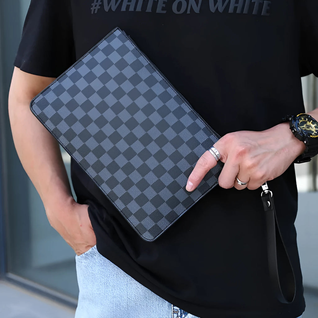 Men's soft PU leather clutch in a plaid pattern, showing internal card slots and zipper pocket.