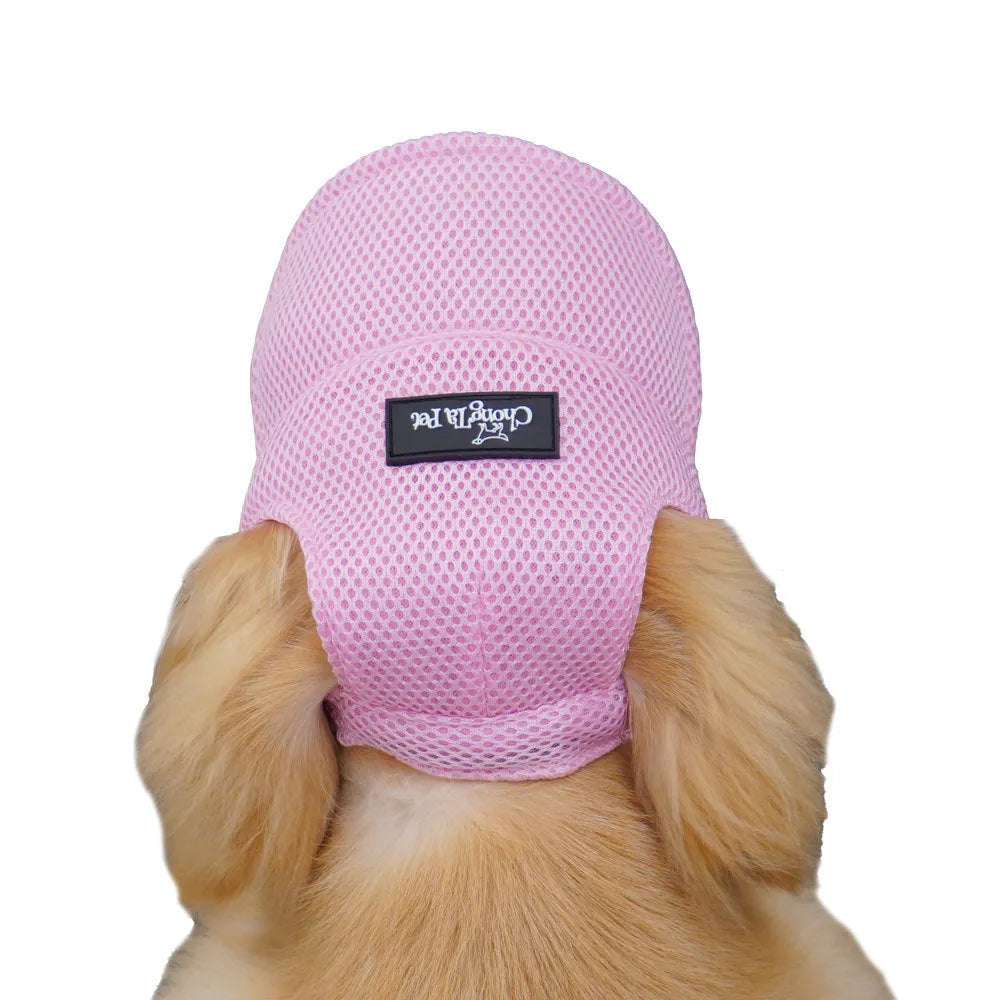 Breathable sandwich net dog hat with ear holes in green or pink, sizes XS to XL