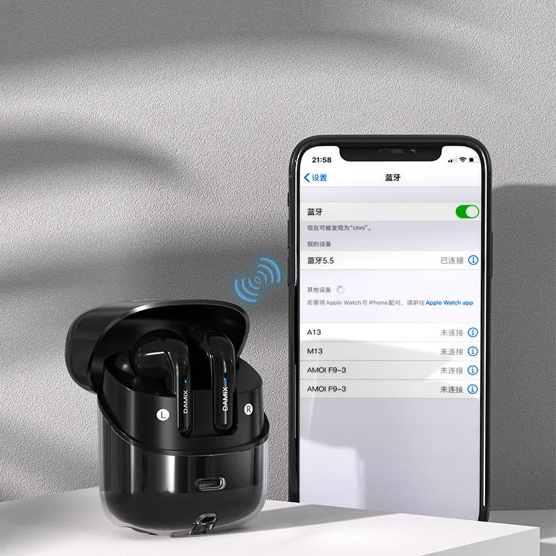 DX16 Couple Bluetooth Headset wireless earbuds in Black with digital display and in-ear design
