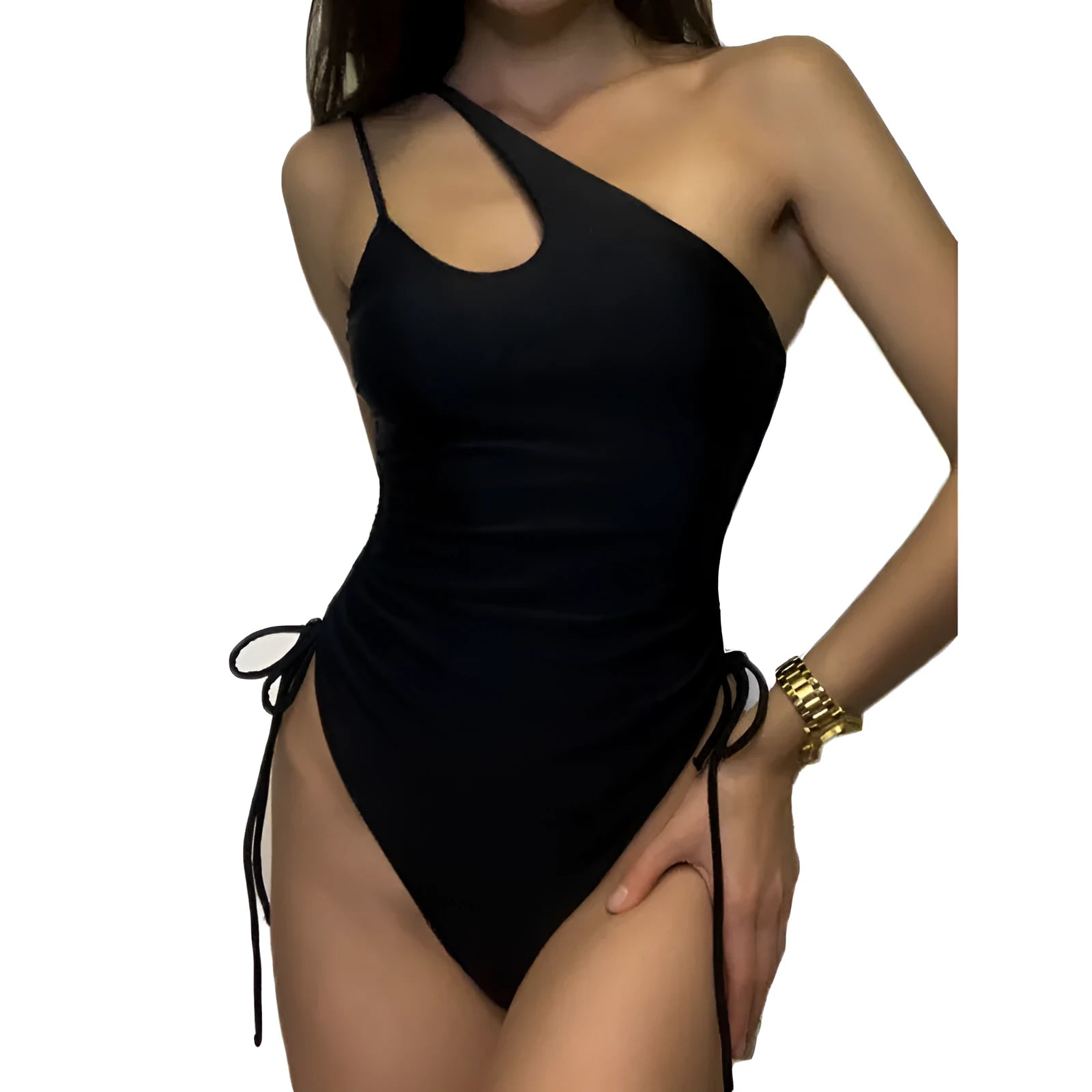 Black women's sleeveless dress with sloping shoulders and tight-fitting bodycon style