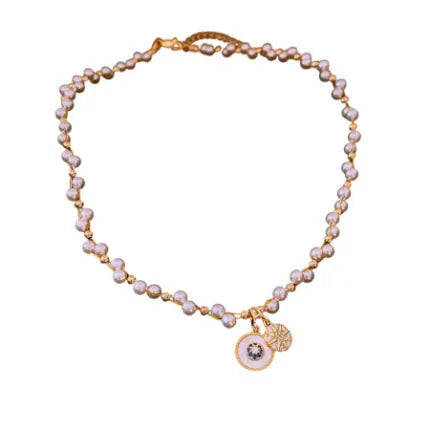 Gold electroplated women's necklace with zircon stones and round imitation pearl pendant on adjustable 41-50cm chain